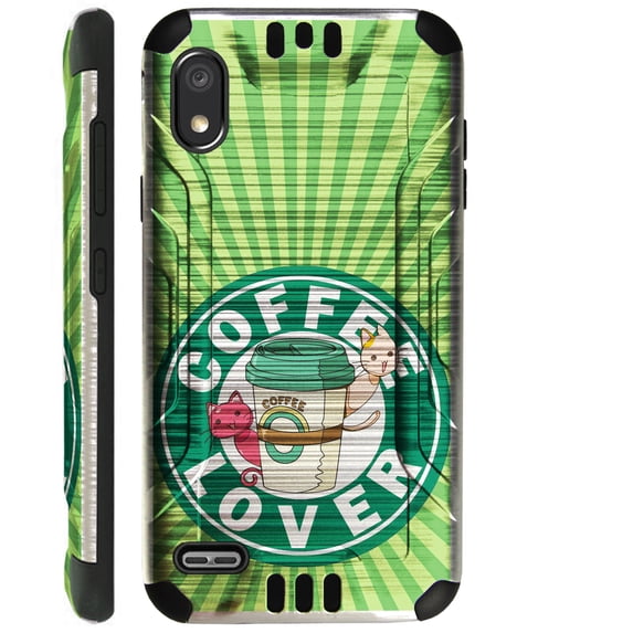 Compatible with TCL A2 Brushed Metal Texture Silver Guard Hybrid TPU Phone Case Cover (Coffee Lover Cat)