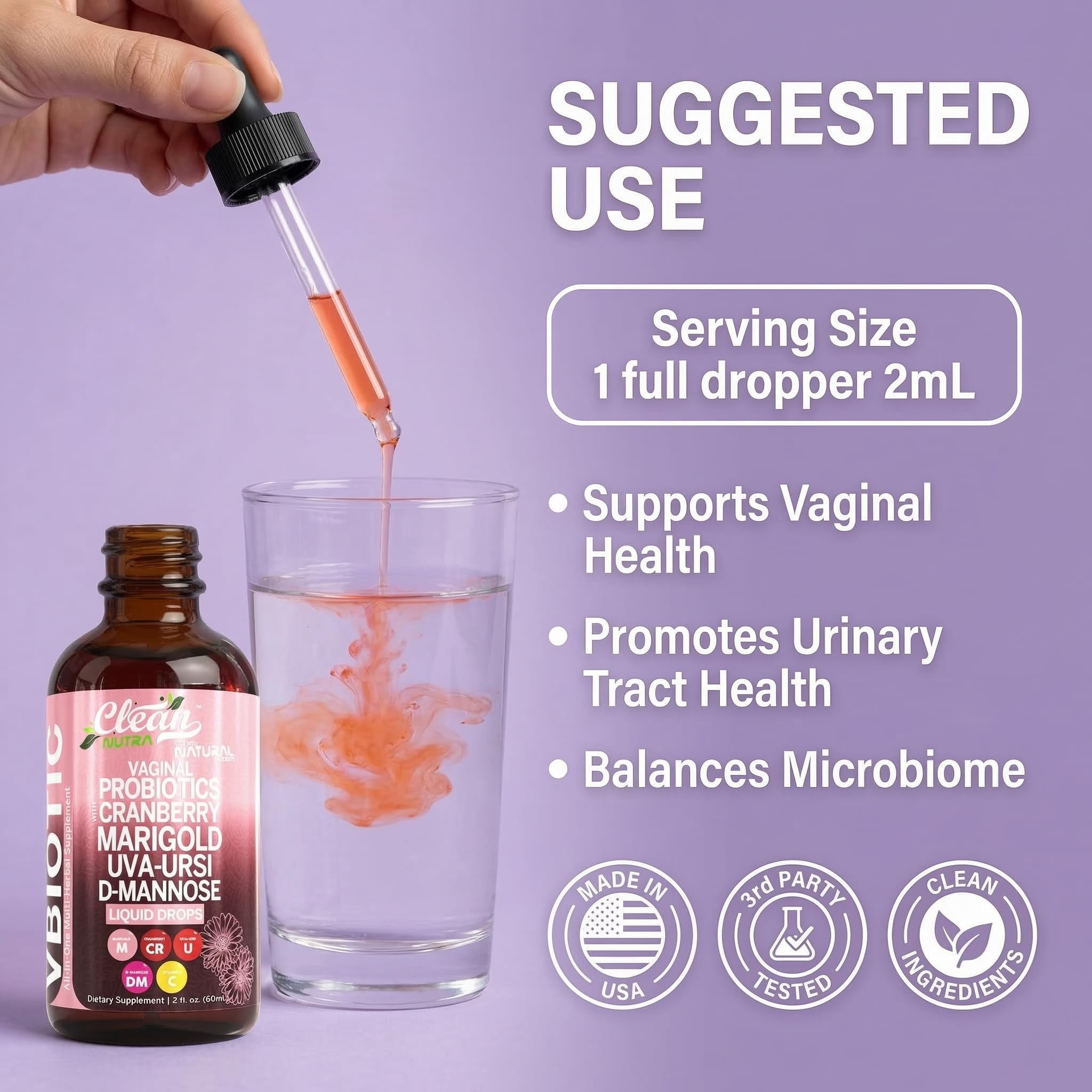 Clean Nutraceuticals VBiotic Vaginal Probiotic for Women Liquid Drops | Cranberry Uva Ursi Horsetail D-Mannose Prebiotics Marigold & Black Cohosh Vaginal Health Supplement | pH Balance