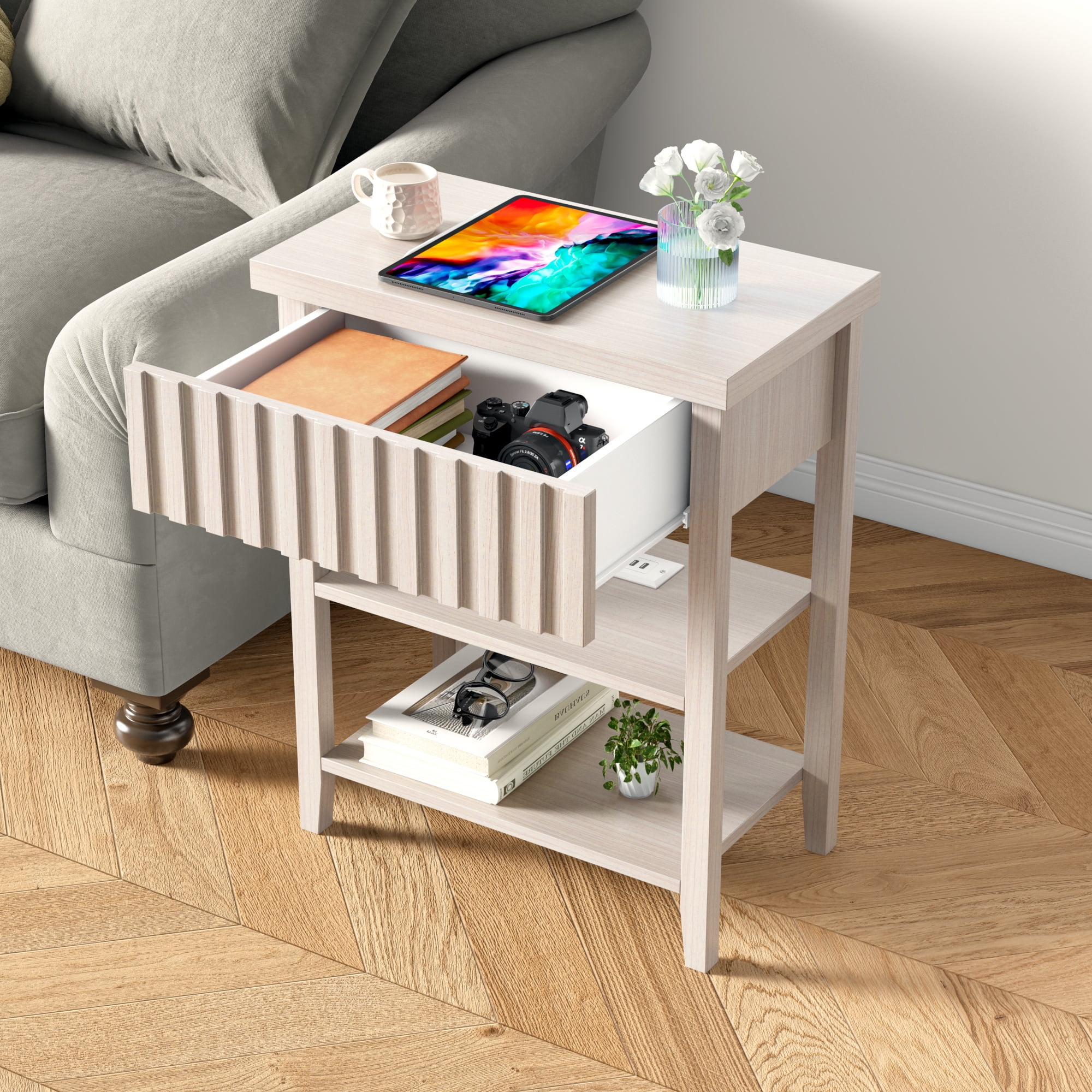 Fluted Nightstand with Charging Station,Farmhouse Night Stand with Drawer & 2 Open Storage Shelves,Modern Side Table for Bedroom Small Space Living Room Entryway,Beige(Set of 2)