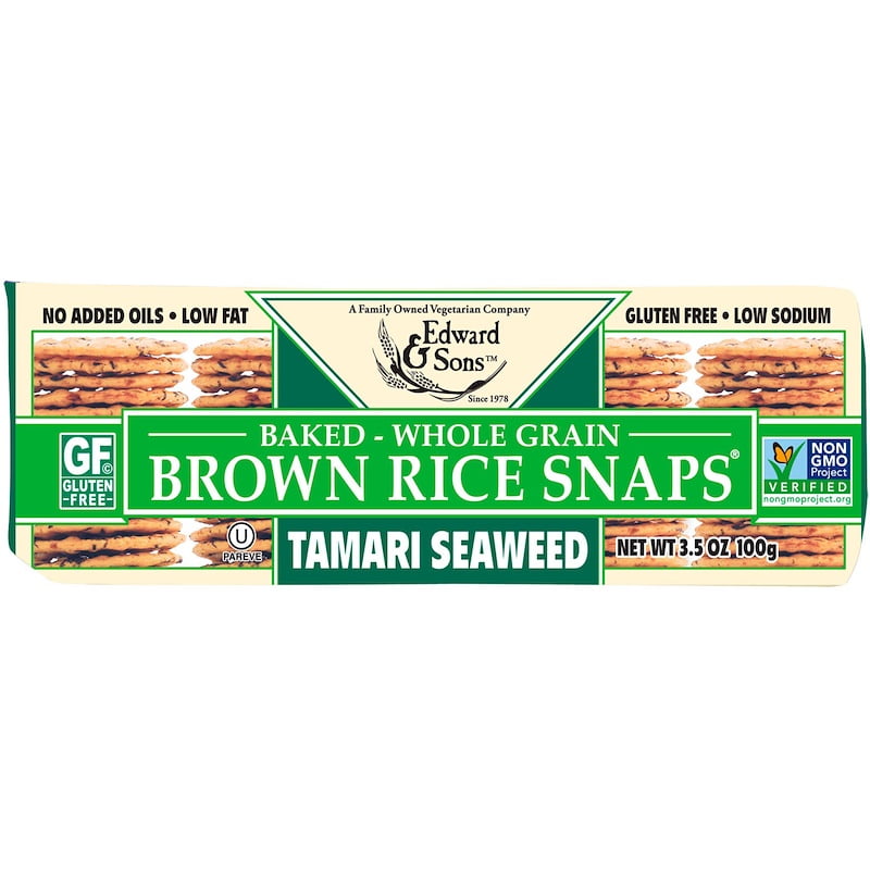Edward & Sons, Baked Whole Grain Brown Rice Snaps, Tamari Seaweed, 3.5 oz Pack of 2