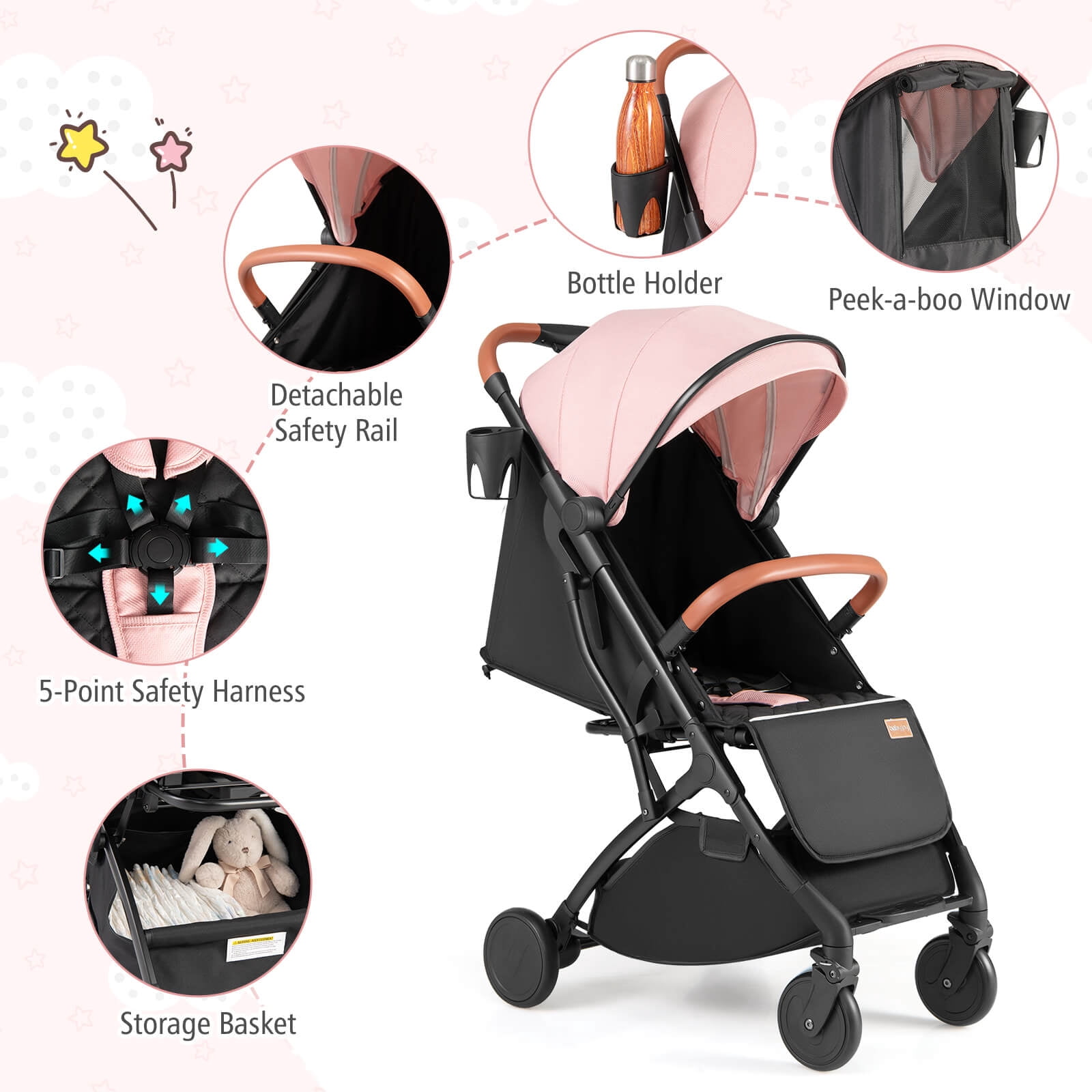 Costway Lightweight Baby Stroller with One-Hand Folding, Extendable Canopy, Storage Baske Pink