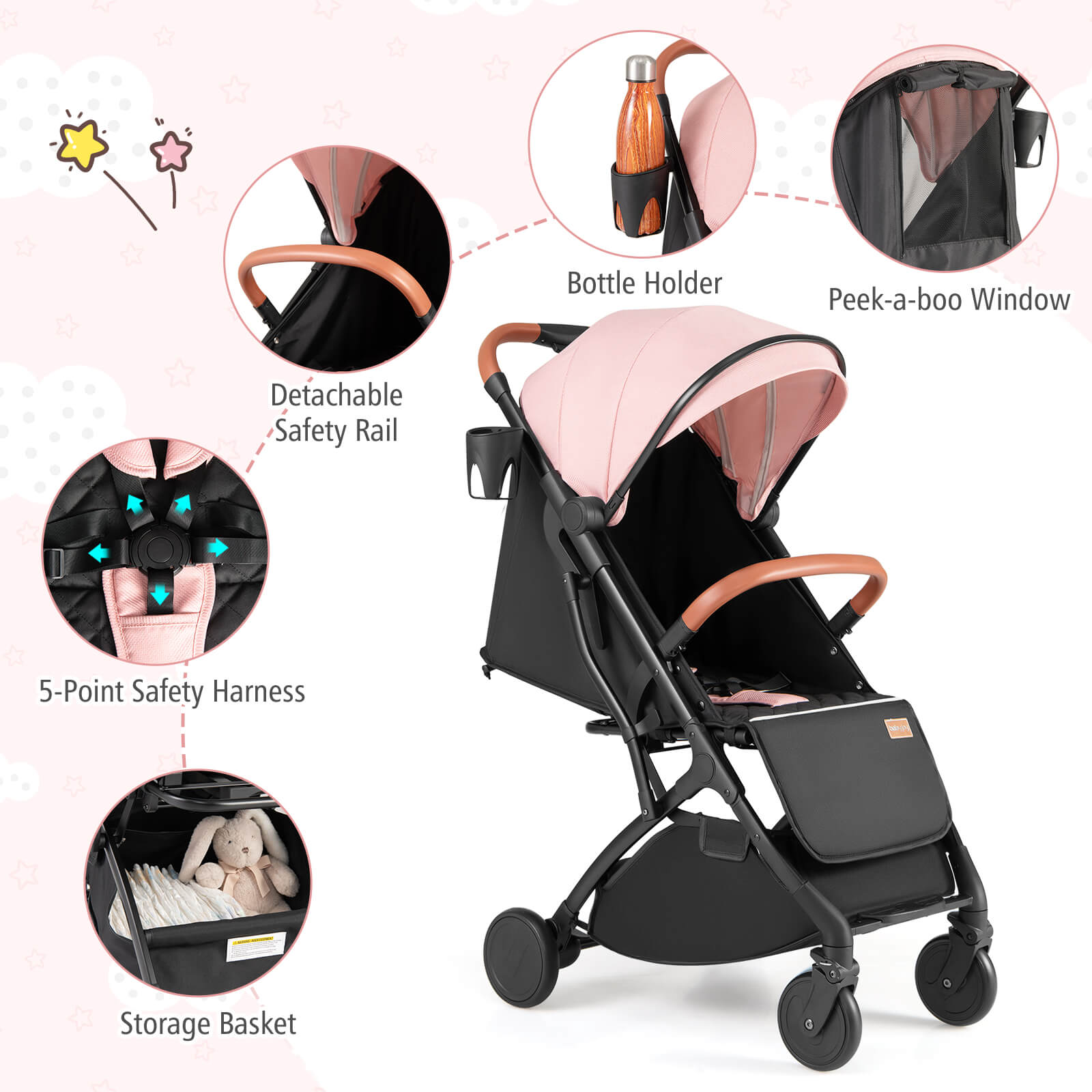 Costway Lightweight Baby Stroller with One-Hand Fold and Extendable Canopy, Pink photo 5