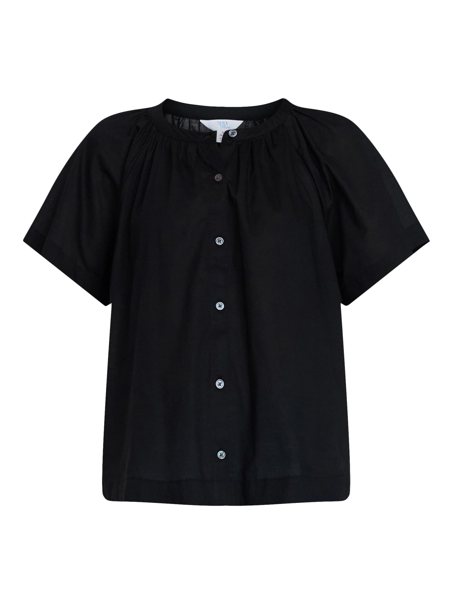 Time and Tru Women's Cotton Button Up Blouse with Short Sleeves, Sizes XS-XXXL