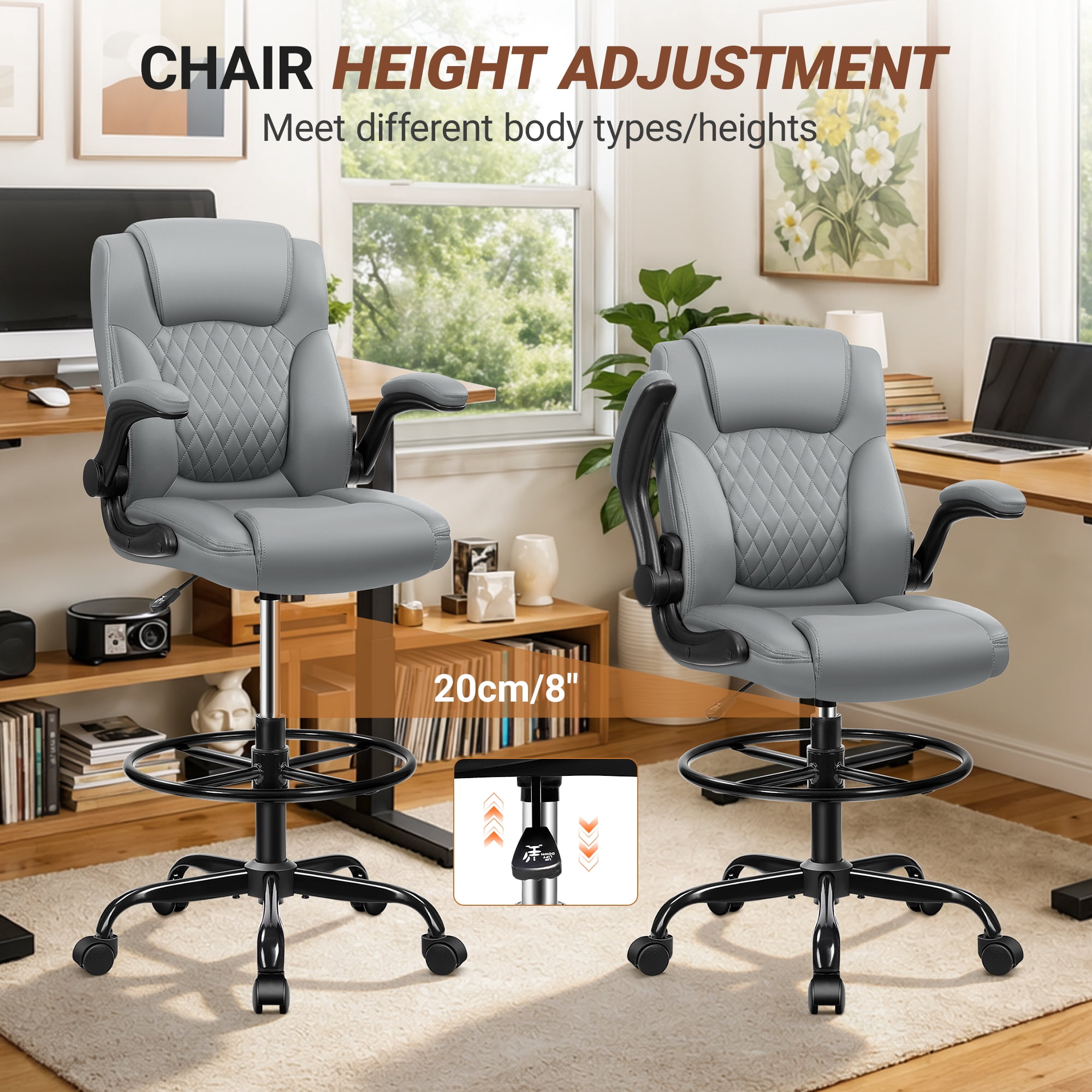 COOLHUT High Back Office Chair with Flip-Up Armrests, PU Leather Executive Ergonomic Computer Chair, Features Lumbar Support, Adjustable Foot Ring for Standing Desks, Home Offices, Gray