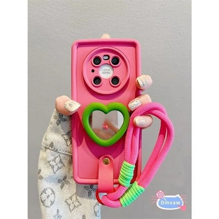 For Huawei Honor X7 80 70 60 50 Pro SE Magic 5 Lite P40 P30 Pro Pink Silicone Case With Portable Lanyard Love Heart Mirror Hole