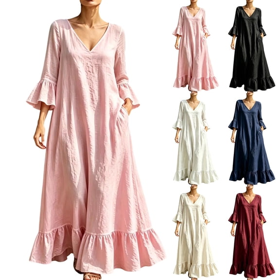 Women's V Neck Flowy Midi Dress, 3/4 Bell Sleeve Ruffle Hem Loose Casual Dress with Side Pockets, Boho Vacation Dress for Beach Daily Outfits Pink XL(XL)