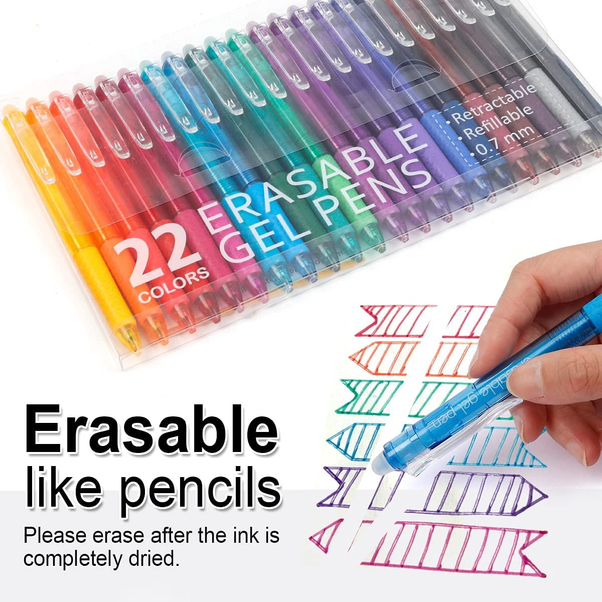 22 Colors Retractable Erasable Gel Pens Clicker, Fine Point(0.7), Make Mistakes Disappear, Premium Comfort Grip for Drawing Writing Planner and Crossword Puzzles