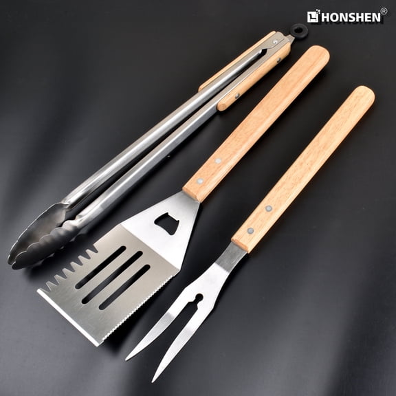 3 Piece Barbecue Tool Sets,HONSHEN Heavy Duty Stainless Steel and Wooden Handles BBQ Tool Sets,Grill Accessories,Grilling Spatula,Fork,Tongs for Outdoor Grill Cooking
