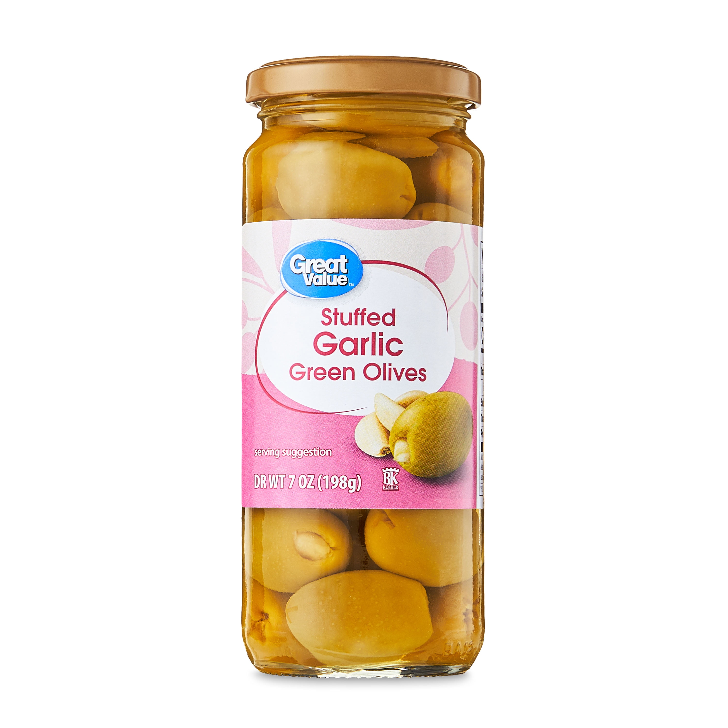 Great Value Stuffed Garlic Green Olives 7oz Jar savory salty snack