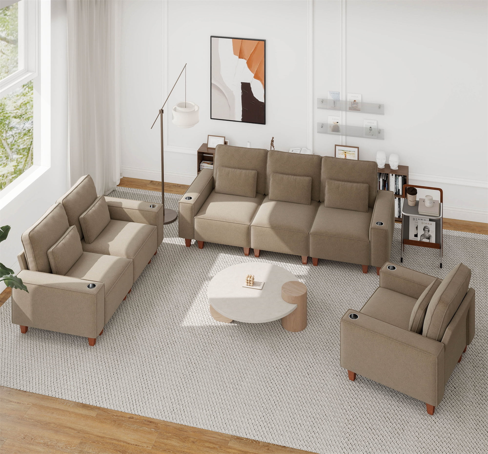 Aukfa 3 Piece Sofa Set - 99" Oversized 3 Seat Couch with Cup Holders&Pillows, Chenille, Khaki