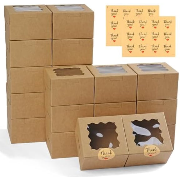 24pcs Brown Cookie Boxes, 4x4x2.5 Inches Bakery Boxes with Window, for Mini Cake Treat Dessert Pastry Donuts Macaroon Strawberries Chocolate Candy (with Stickers)