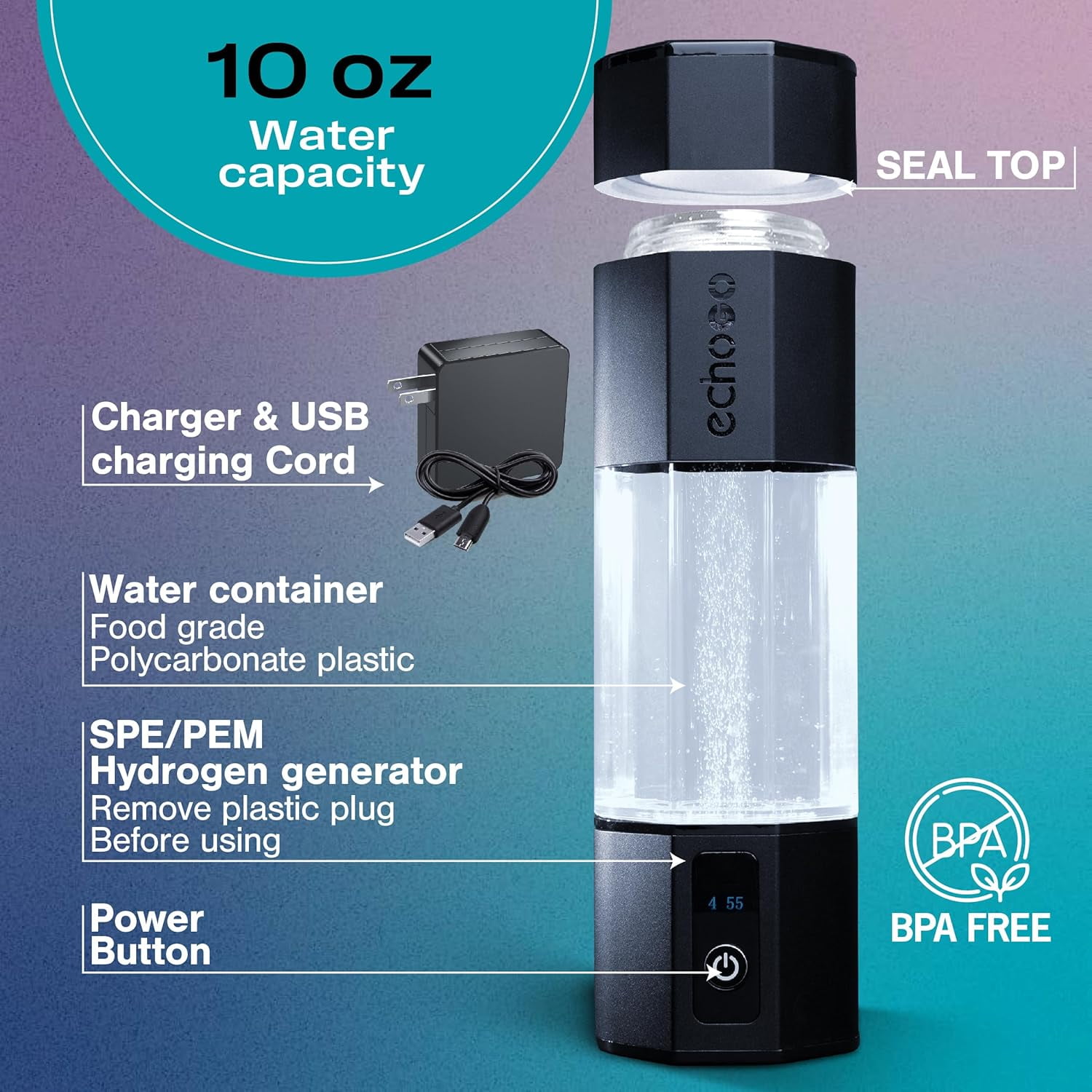 Echo Go+ Hydrogen Water Bottle - Water Ionizer Up to 4.5PPM - SPE & PEM Hydrogen Water Generator - Alternative to Hydrogen Water Pitcher - Black Hydrogenated Water Bottle