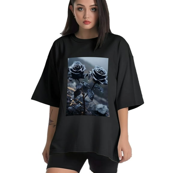 Plus Size Shirt for Women Black Tops for Women Short Sleeves Shirt for Women Roses T Shirt Crewneck Shirt for Women XS