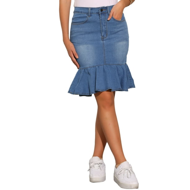Falda de mezclilla ajustada con volantes en la parte inferior, hasta la rodilla, para mujer, talla XL, color azul claro