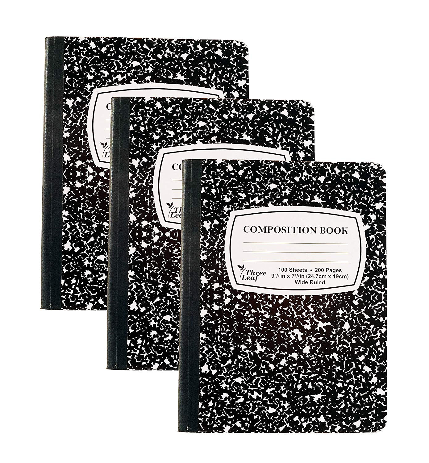 Pack of 3 - Composition Notebooks, 9-3/4' x 7-1/2', Wide Ruled, 100 Sheet (200 Pages), Color: Black Marble, Weekly Class Schedule and Multiplication/Conversion Tables on Covers. (3-Pack, Black)