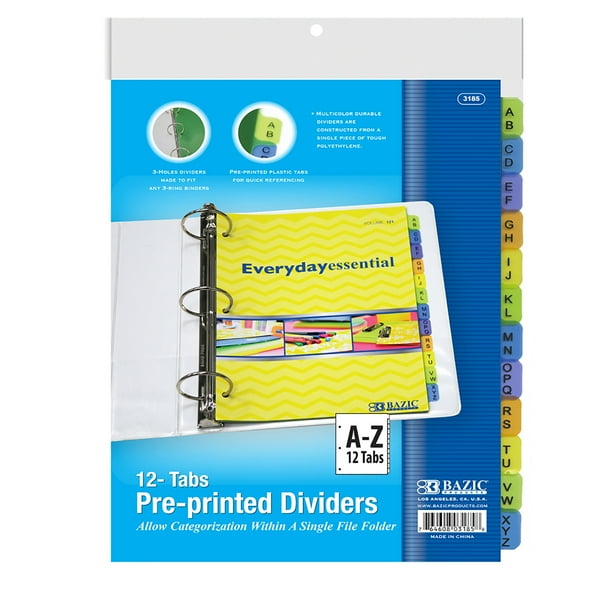 BAZIC Binder Dividers w/ 12 Preprinted A to Z Letter Tabs, 3 Hole Punch
