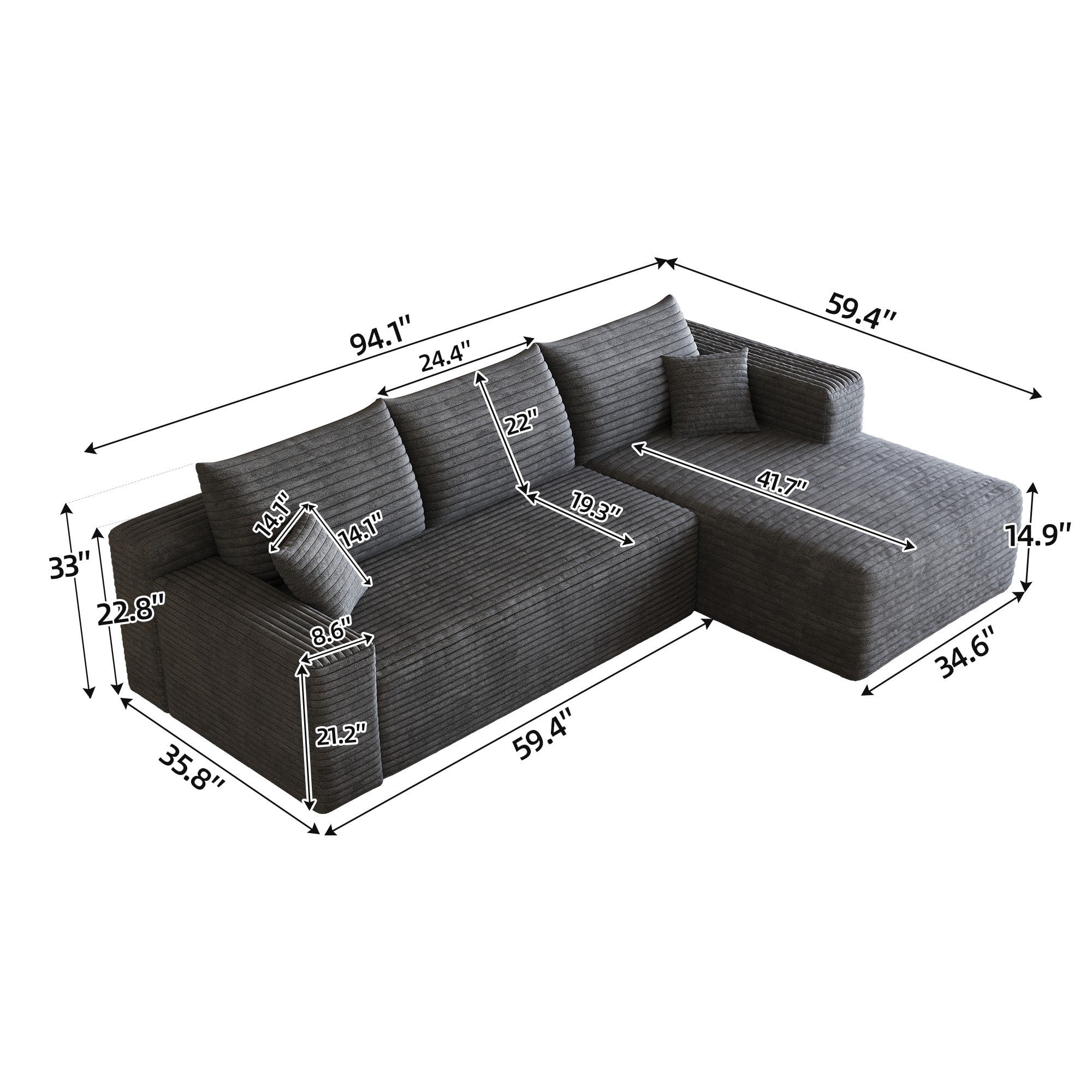 Sailvan 95" Cloud Sectional Sofa - Modern U-Shaped Modular Couch with Deep Seats - Plush Corduroy Fabric - No Assembly Required Dark Grey Right