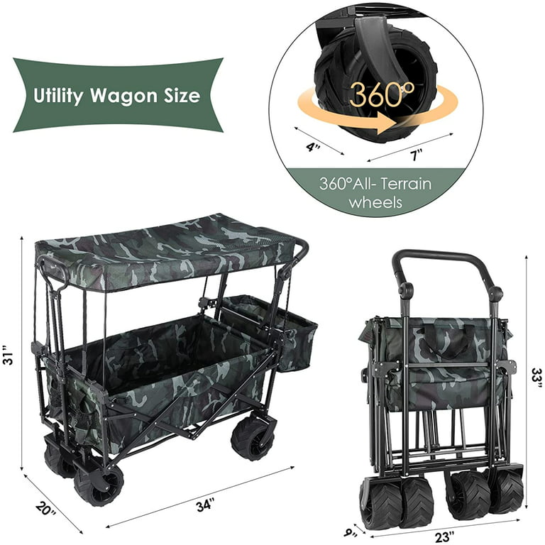 Lazy Buddy Collapsible Utility Beach Wagon Cart with Removable Canopy Folding Outdoor Camping Fishing Wagon, Push Pull Handle, Size: 34*20*31 (Large*W