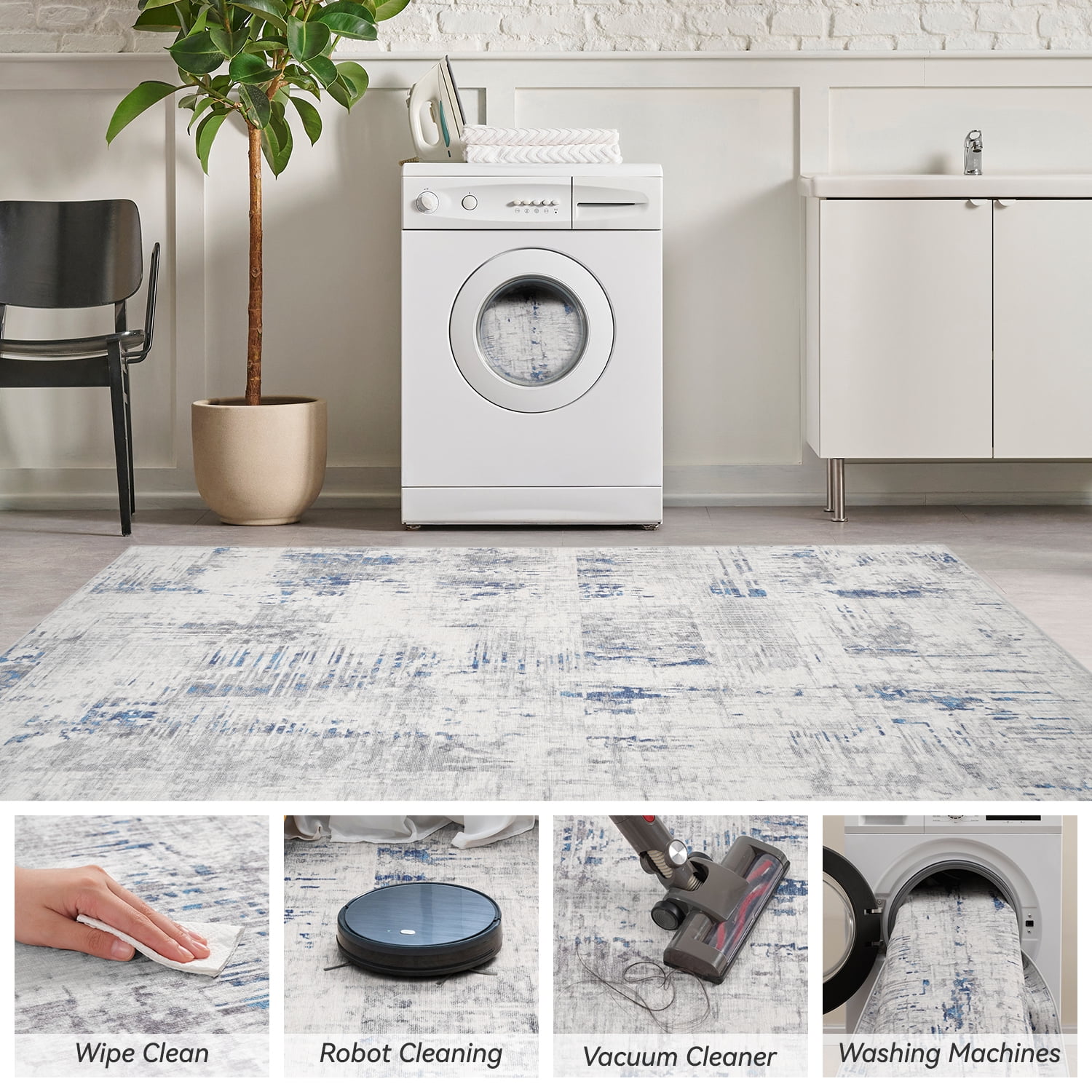 SIXHOME 5'x7' Area Rugs for Living Room Modern Abstract Area Rugs Machine Washable Rugs Soft Neutral Carpet Rugs for Bedroom Dining Room Office Playroom Aesthetic Home Decor Non Slip Rug Navy Blue