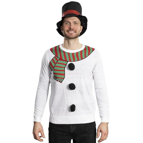 I Am the Snowman Knitted Ugly Christmas Sweater and Top Hat Costume Set – Fun Holiday Party Outfit for Adults