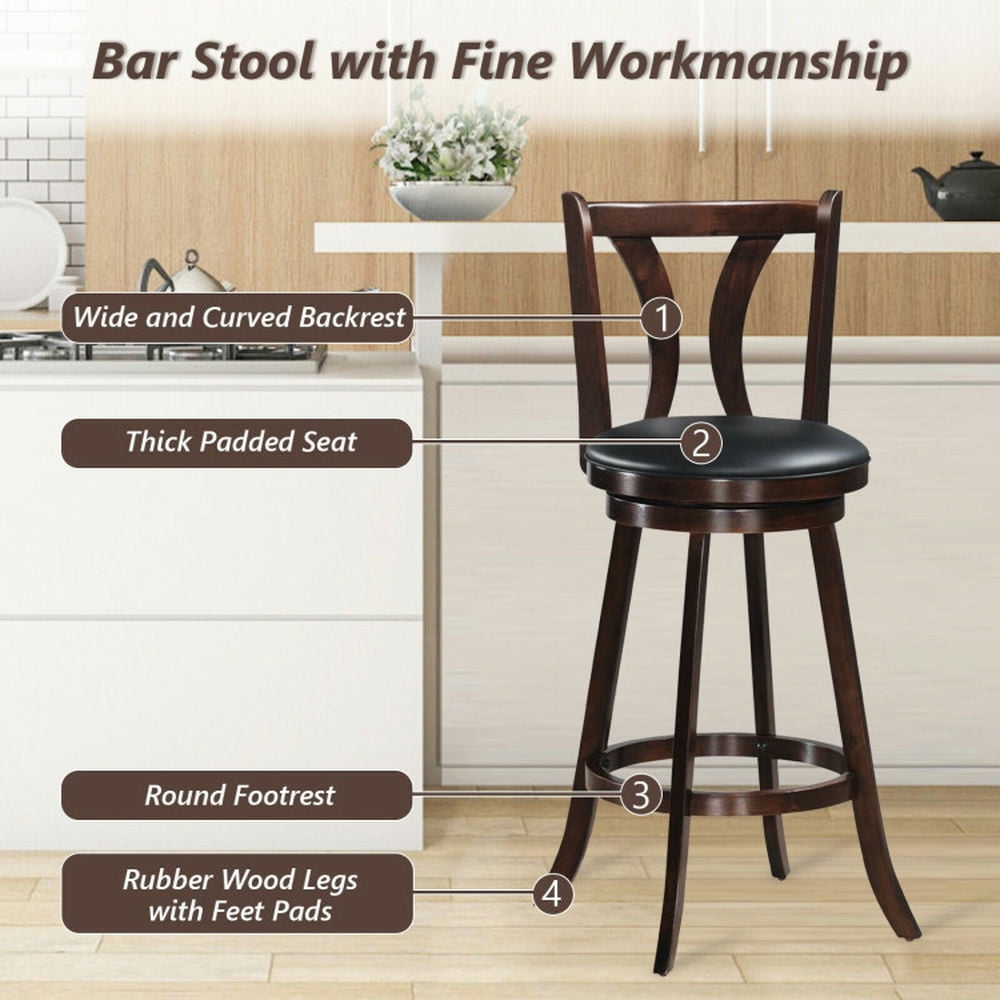 Demi Bonn 29.5" Set of 2 Swivel Counter-Height Bar Stools Chairs with Rubber Wood Legs, Modern Dining Chair with Backrests, Brown