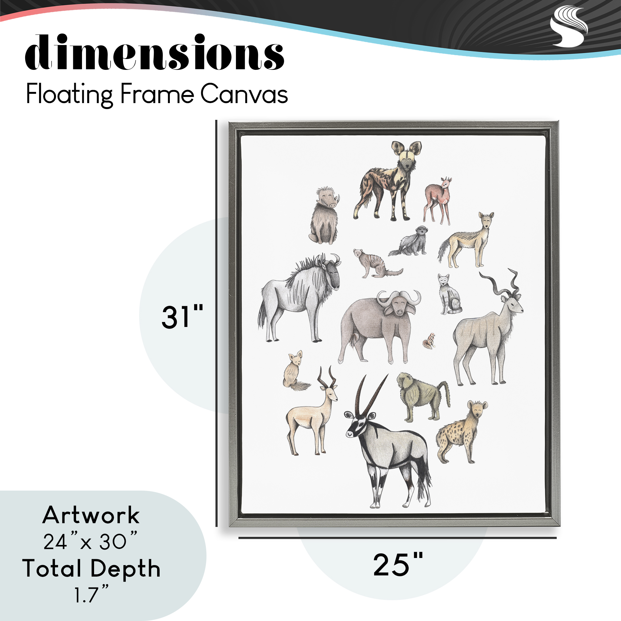 Simple Africa Animals Gray Framed Floater Canvas Wall Art, design by Cecilia Battaini