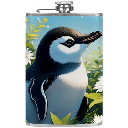 

josid Penguin Pattern 3.6x6in Stainless Steel Small Flask Leak-Proof Stainless Steel Construction Wrapped in Premium Two-Layer Leather Nano-Printed Design 227ml Capacity