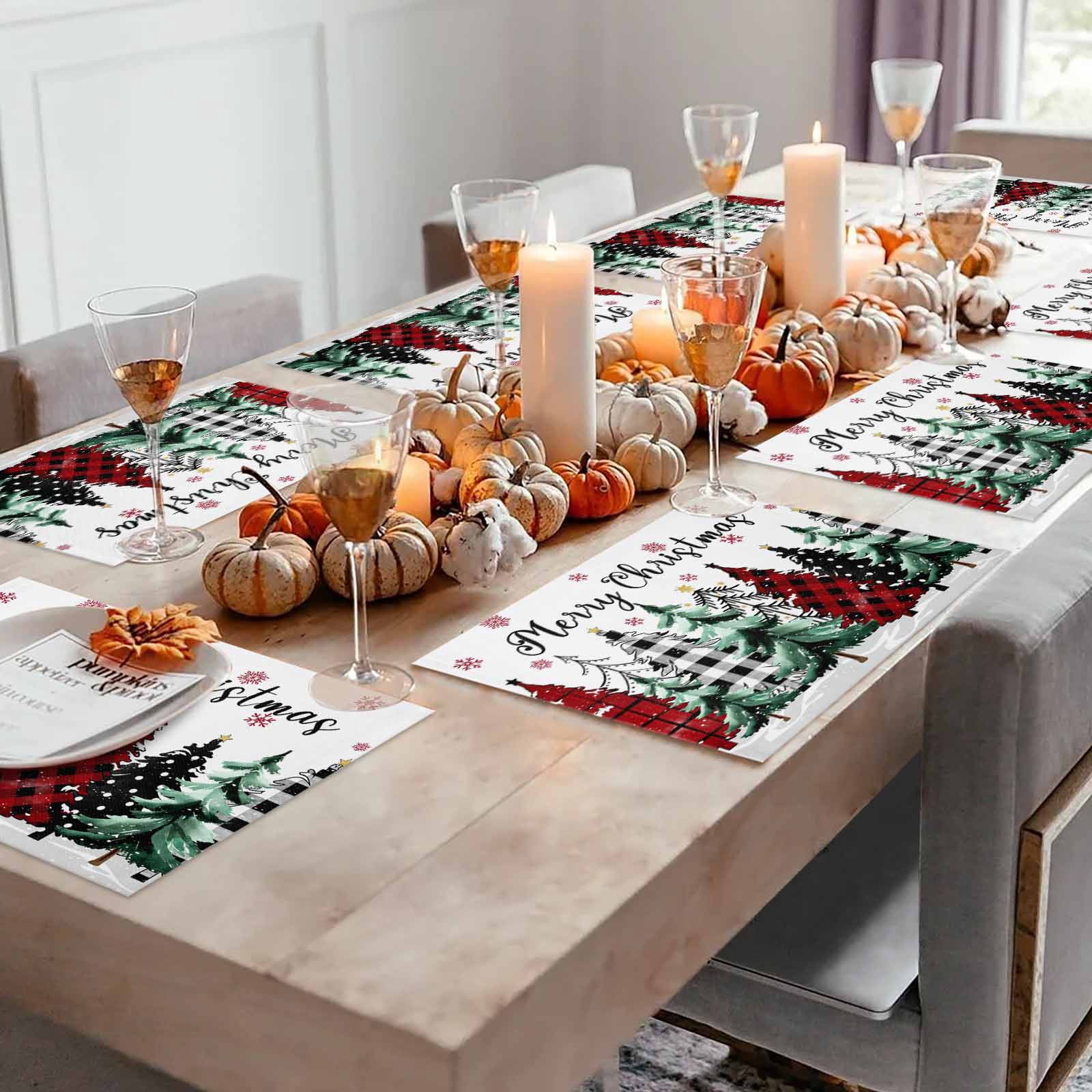 Buffalo Plaid Christmas Tree Placemats Set of 8, White Winter Snowflakes Table Mats Washable Heat-Insulation Non-Slip Place Mats for Kitchen Dinner Table Indoor Outdoor Decor,13x19 Inch
