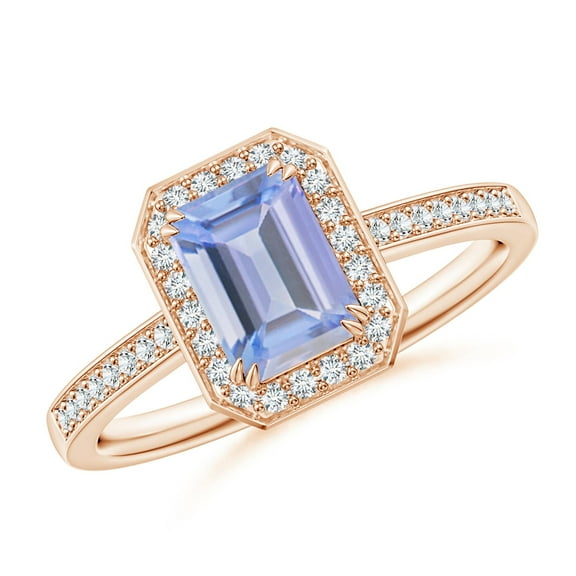 ANGARA Natural Emerald-Cut 1 ct Tanzanite Engagement Ring with Diamond Halo in 14K Rose Gold for Women (Size-7x5mm) | December Birthstone, Anniversary, Jewelry Gift for Women | Natural Tanzanite Ring