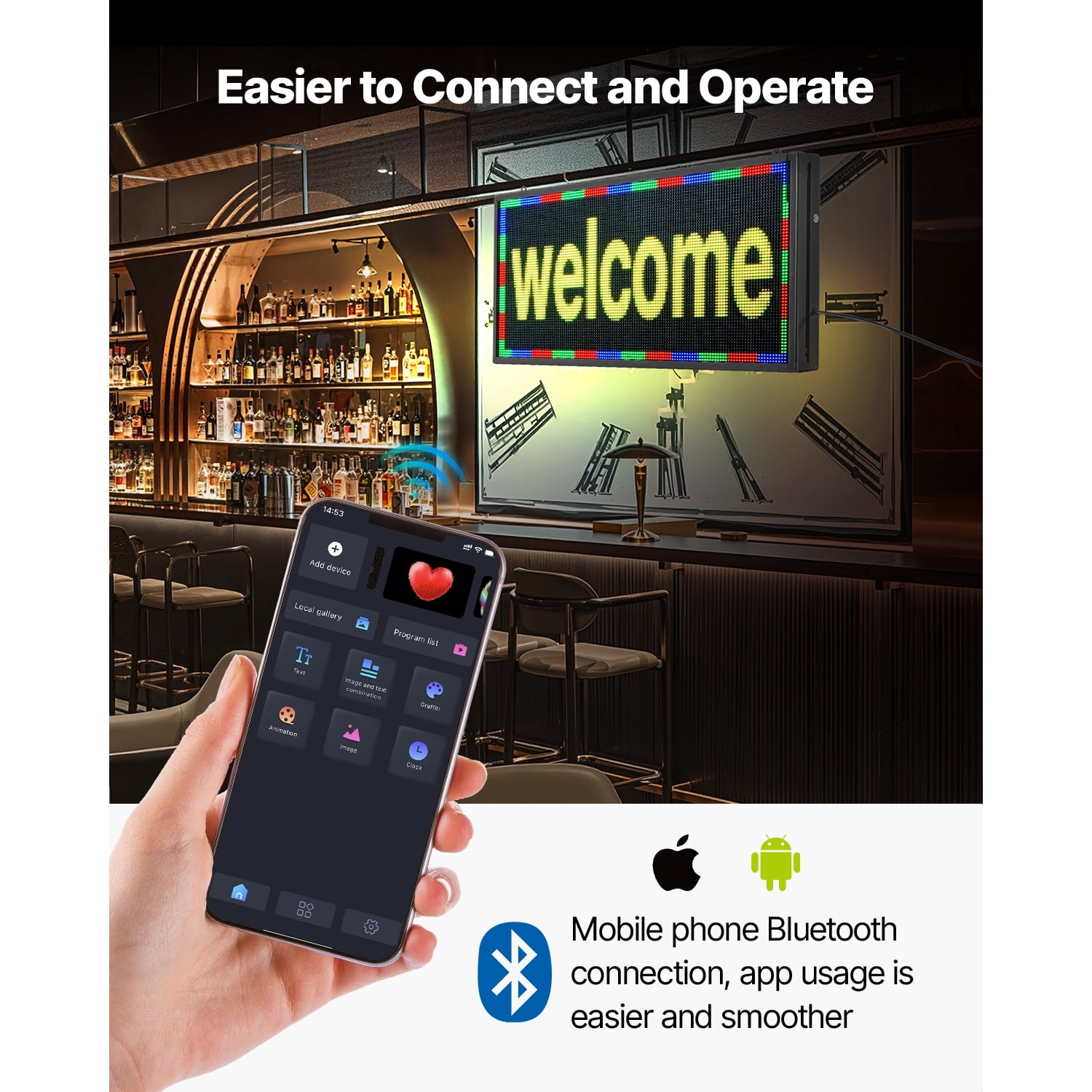 KFFKFF LED Open Sign, Configurable LED Display Bright Sign Flashing Light, P5 Multicolor Bendable Digital Scrolling Board, Bluetooth App Managed Message Billboard for Commercial Promotion