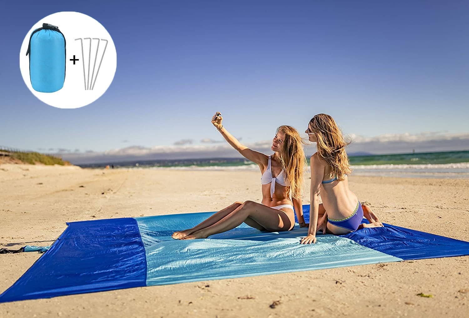 Throw or Shade Tarp Big Family Picnic Mat Beach Blanket XL Extra Large Oversized 7 x 7 Feet Used for Outdoor Camping Lightweight and Sand Proof with 4 Stakes