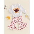 thumbnail image 3 of Suealasg 2Pcs Little Girl Fall Clothes 6M 1T 2T 3T 4T 5T Toddler Girl Casual Autumn Outfits Long Sleeve Letter Print Sweatshirt Tops and Rugby Print Flare Pants Set, 3 of 8