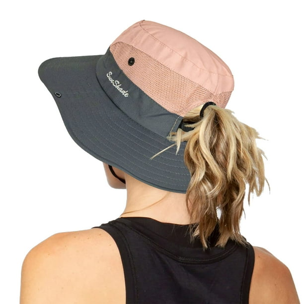 Sombreros para el sol plegables con protección UV para exteriores para mujer, sombrero de pesca de playa de ala ancha de malla con agujero para cola de caballo
