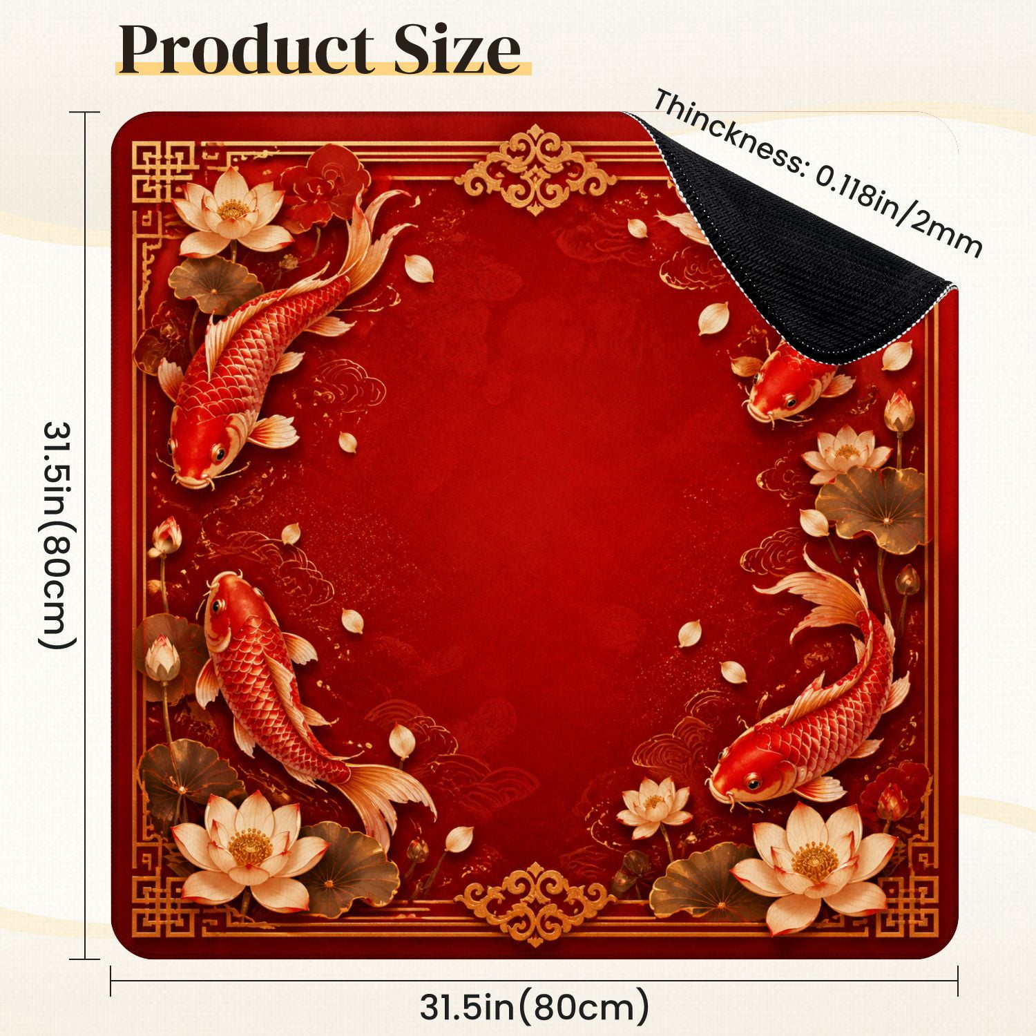 Mahjong Mat 31.5" x 31.5" Red Gold Fish Lotus Flowers Non-Slip Noise Reduction Mahjong Tiles Table Cover for Dominoes Poker Card Board and Tile Games