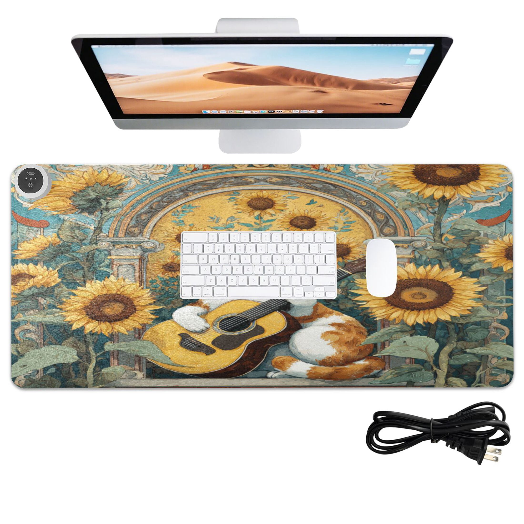 Large Heated Desk Mat Mouse Pad 31.5"x13"PU Leather Graphene Heating Desk Warmer with 3 Temperature Settings 110V US Plug Non-Slip Warm Pad for Home, Office, and Gaming Orange Cat Playing Guitar