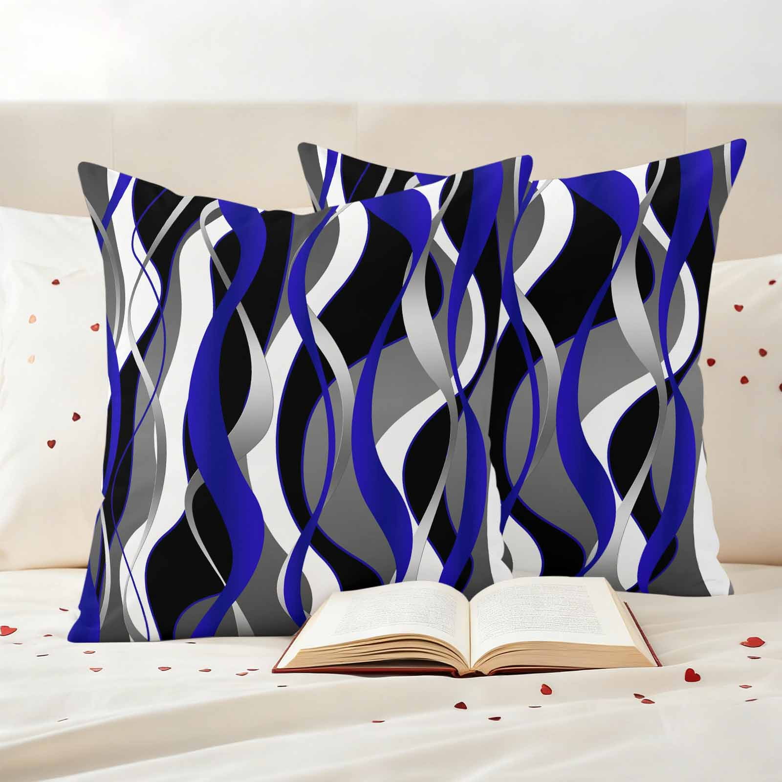 Blue Stripe Outdoor Waterproof Pillow Covers, Ombre Grey Moire Geometric Modern Abstract Decorative Square Throw Pillowcase Sofa Cushion Sham for Patio/Couch/Chair, 18"x18" 2 Pack