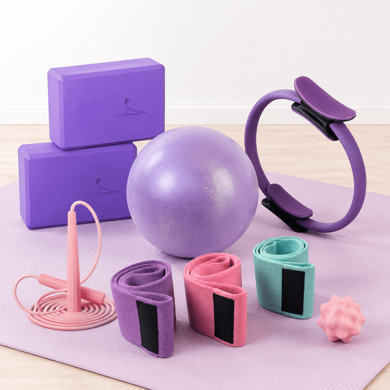 Yoga & Pilates Kit for Women - 9-in-1 Studio Fitness Set with Yoga Blocks, Pilates Ring, Resistance Bands, Pilates Ball, Jump Rope & Massage Ball - Workout Essentials for Yoga, Pilates & Stretching