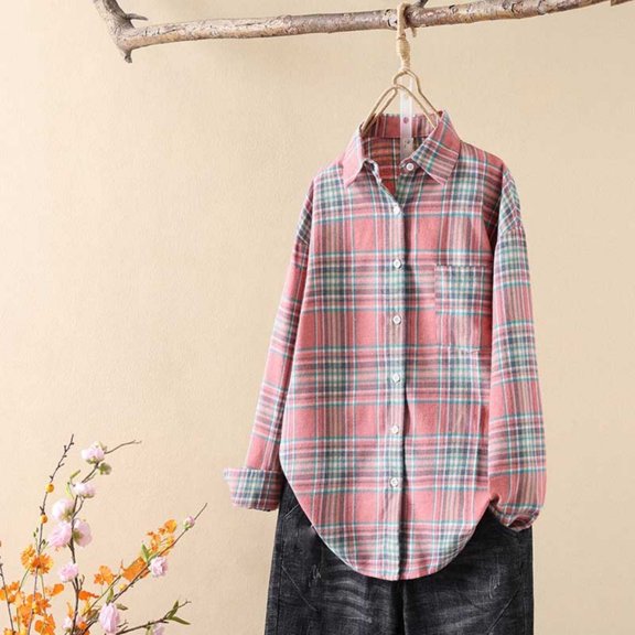 JUSLIO Button-Up Women Tops Plaid Cotton Blouses with Pockets Long sleeve Collar Blouses Red L
