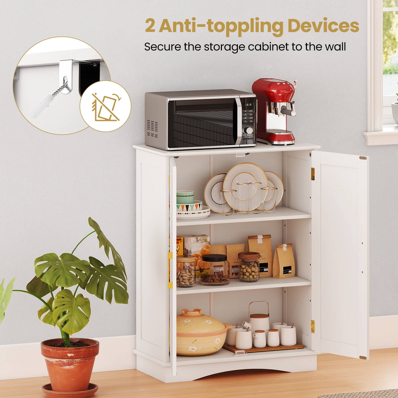 Costway Floor Storage Cabinet Modern Storage Organizer with Adjustable Shelves &2 Doors