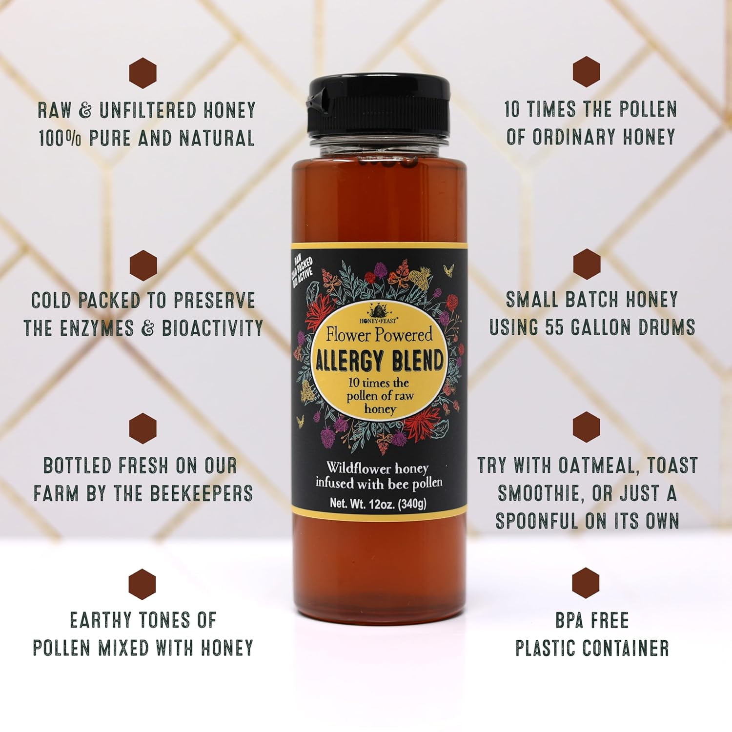 HONEY FEAST Bulk Case Allergy Blend Honey, 12oz Jars (3-Pack) - Artisanal American Honey, Raw & Unfiltered, Enhanced Pollen, Florida Beekeepers' Craft