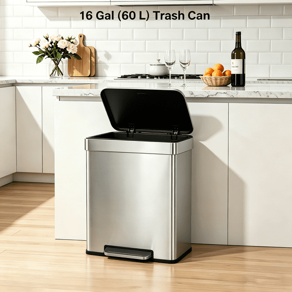 Dkelincs 16 Gallon Stainless Steel Kitchen Trash Can with Lid, Dual Barrel Step Garbage Can for Office Bedroom Bathroom, Fingerprint-Proof (Silver)
