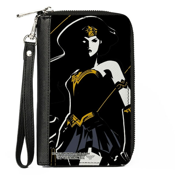 DC Comics Wallet, Zip Around, Justice League 2017 Wonder Woman Pose Black/White/Gold/Blue, Vegan Leather