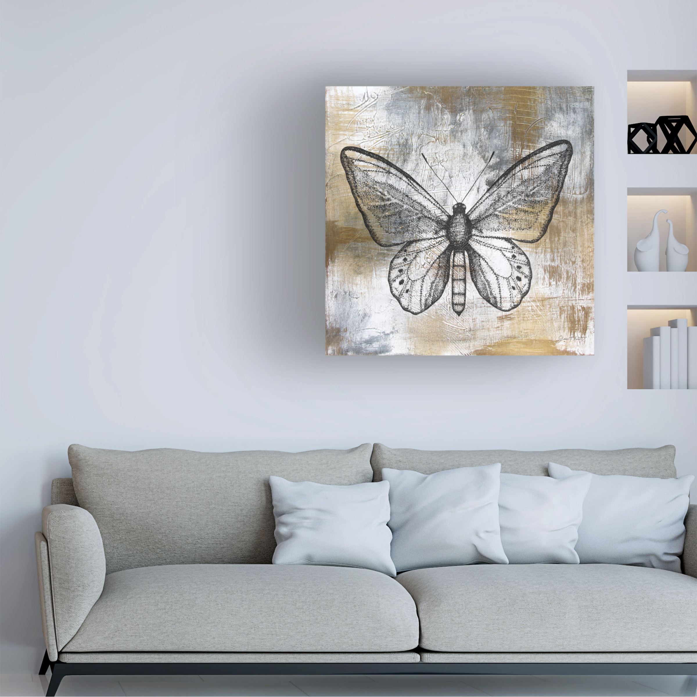 Canvas Wall Art - Jean Plout 'Gold And Grey Textures Butterfly A3' Wall Art for Living Room, Bedroom, or Office Décor by Trademark Fine Art - 14 x 14 Inches