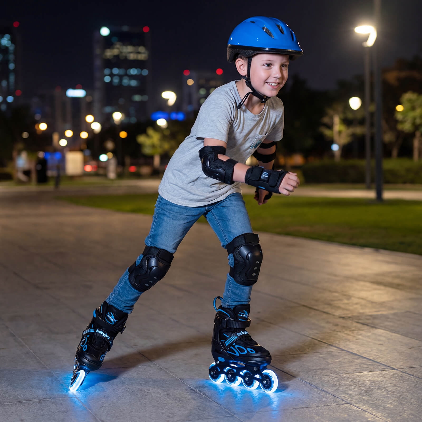 Babyjoy Adjustable Kids’ Inline Skates Ages 7-9 4 Sizes Adjustable Blade Roller with Light-up Wheels Black & Blue