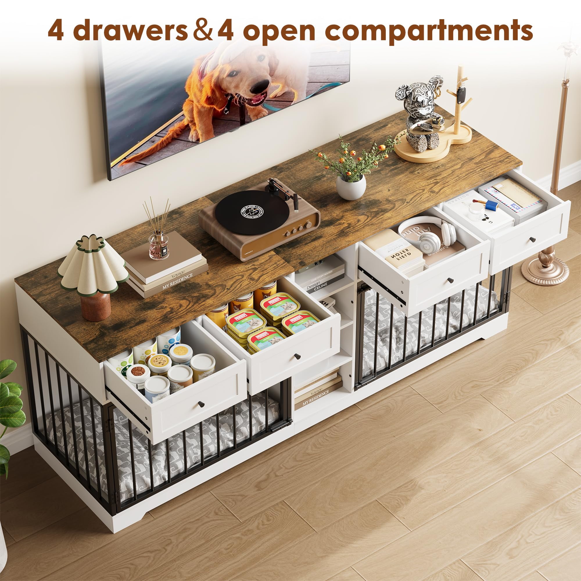 Yeshouse Large 82” Dog Crate for 2, Dog Kennel Furniture with Storage Drawers & Shelves, TV Console for Living Room
