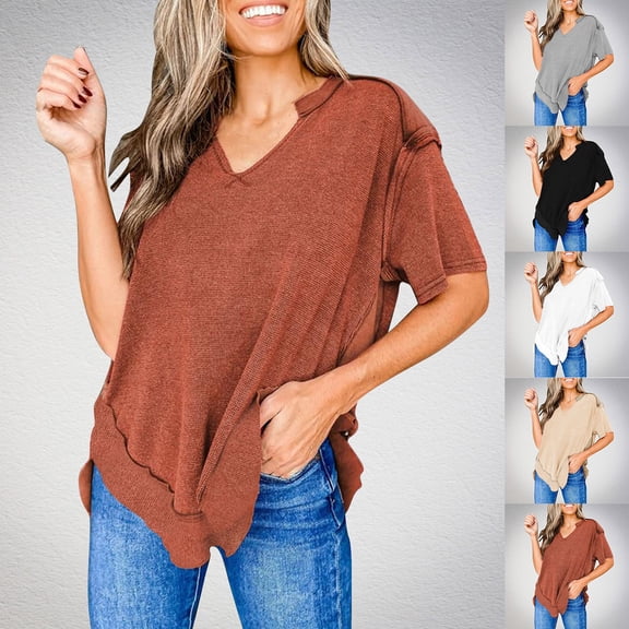 YHAJDS Womens Tops Short Sleeve V Neck Loose Casual Blouse Fashion Summer Tee
