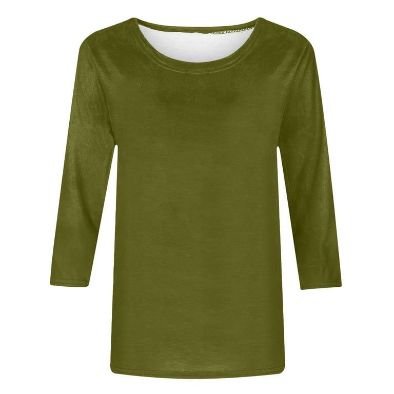 Women's Slim-Fit Blouse 3/4 Sleeve Solid Round Neck T-Shirt Cotton Crew  neck Tunic Tops Elbow Sleeves T-Shirt Casual Blouse Stretch Cotton Tee Army 