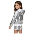 thumbnail image 2 of SiiRoh Kids Girls Hip Hop Hooded Jacket Sparkly Metallic Zipper Short Jacket Coat Outerwear Club Rave Performance Wear Silver 12, 2 of 5