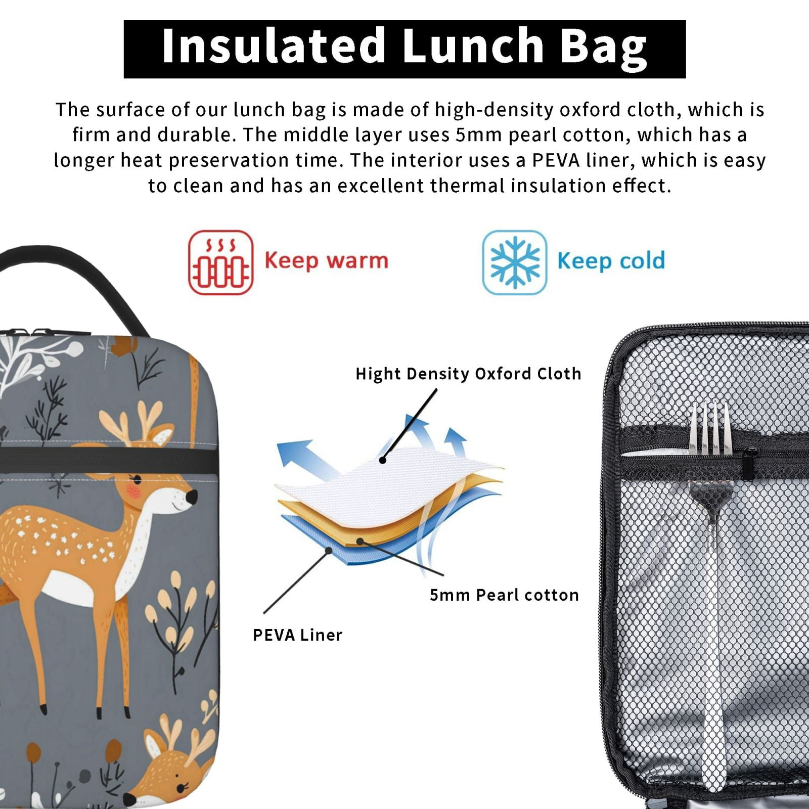 Lunch Bag For Women Men Insulated Portable Lunch Box Bento Box Office Picnic Travel Cooler Bag Red Deer