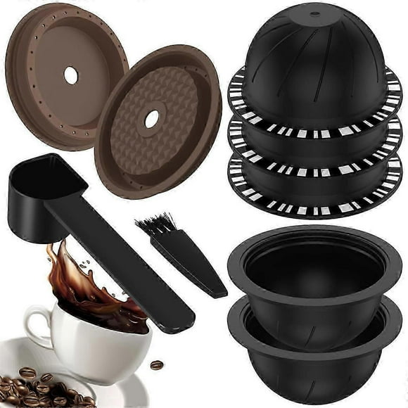 5Pcs Reusable Vertuo Pods compatible with Nespresso Machine, Coffee Capsule with 2 Silicone Lids 1 Spoon and Bru